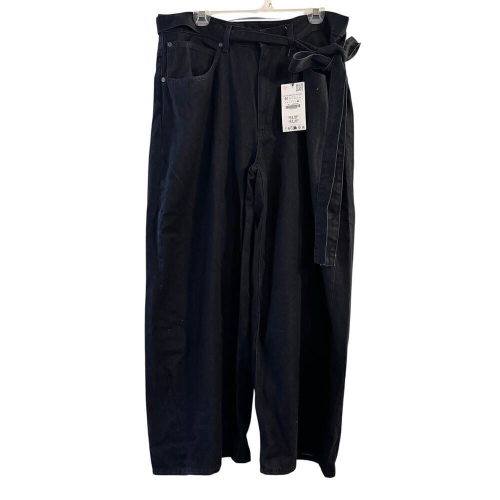 NWT Zara Wide Leg High Waisted Belted Denim Pant Size 12 Pockets